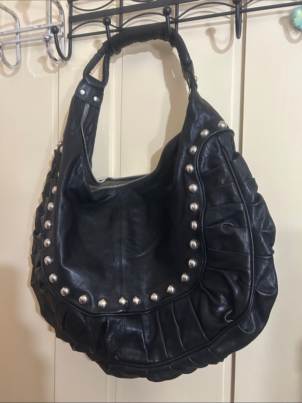 Black Studded pleaded Hobo Shoulder Bag